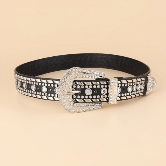Vegan Leather Rhinestone Decor Buckle Belt - Picture 3 of 6